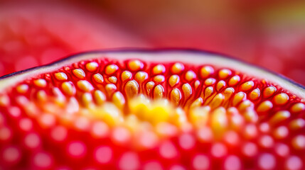 Wall Mural - Macro shot of the texture of a ripe figs inside displaying vibrant red and yellow seeds with intricate patterns 