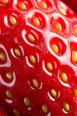 Wall Mural - Macro shot of the texture of a strawberrys surface featuring bright red skin dotted with tiny yellow seeds 