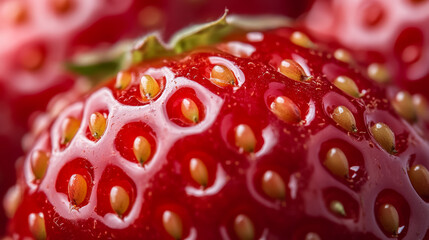 Canvas Print - Macro shot of the texture of a strawberrys surface featuring bright red skin dotted with tiny yellow seeds 