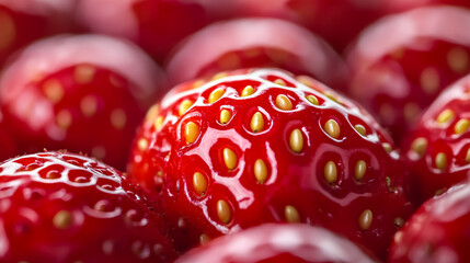Wall Mural - Macro shot of the texture of a strawberrys surface featuring bright red skin dotted with tiny yellow seeds 