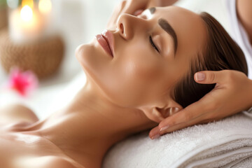 Relaxed female lying with closed eyes having facial and head massage in spa salon. Wellness and beauty day concept