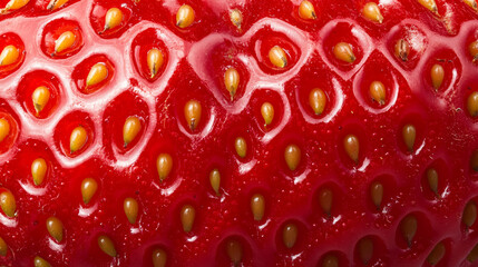 Wall Mural - Macro shot of the texture of a strawberrys surface featuring bright red skin dotted with tiny yellow seeds 