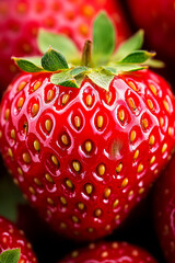 Wall Mural - Macro shot of the texture of a strawberrys surface featuring bright red skin dotted with tiny yellow seeds 