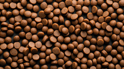 Wall Mural - Macro shot of the texture of dry dog kibble showcasing the brown crunchy pellets with varied shapes and sizes 