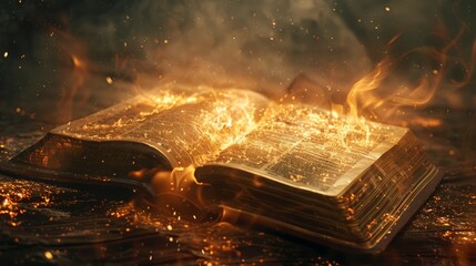 Poster - Glowing book engulfed in flames amidst dark background in dramatic setting