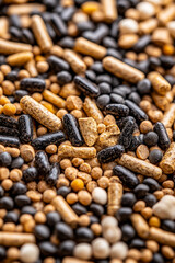 Wall Mural - Macro shot of the texture of horse feed showcasing the mix of grains pellets and dried forage with varied textures 