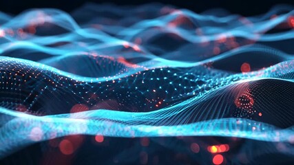 Poster - Abstract digital waves background. Future and futuristic technology. Neon particles waveform 3D animation. AI and Data Science Visualization