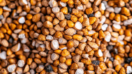 Wall Mural - Macro shot of the texture of quail feed highlighting the small granular mix of seeds grains and protein crumbles 