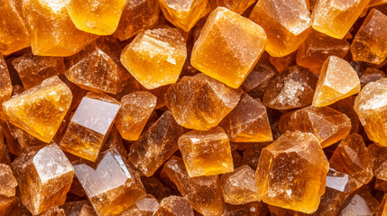 Poster - Macro shot of the texture of raw brown sugar highlighting the coarse caramel colored crystals with irregular shapes 