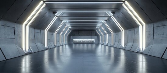 Poster - Futuristic Sci Fi Corridor with Illuminated Space for Product Display Modern Interior Concept Featuring Cement Floors and Walls 3D Render