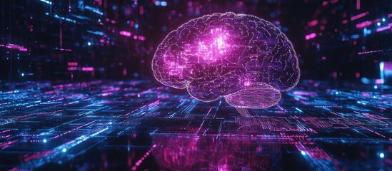 Poster - Holographic Brain Interface Representing Artificial Intelligence and Deep Learning Technologies Business and Internet Innovation Concept 3D Visualization