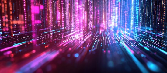 Poster - Glowing Neon Text of Quantum Technology on Abstract Digitally Blurred Background 3D Rendered Scientific Concept Wallpaper
