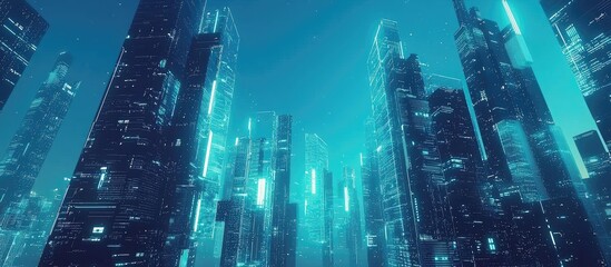 Poster - Futuristic 3D cityscape animation with digital skyscrapers Business and technology visualization in 3D rendering