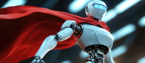Poster - Heroic robotic assistant with a flowing red cape showcasing advanced artificial intelligence and technology development 3D rendered illustration of a rescue themed robot