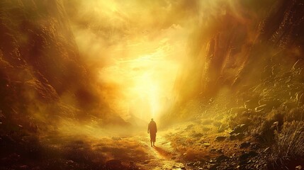 Canvas Print - Solitary Figure Walking Toward a Glowing Light in a Mountainous Landscape