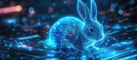 Poster - Vivid blue rabbit with Bitcoin on a circuit board representing the fusion of cryptocurrency and advanced technology