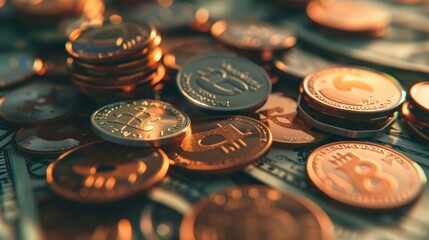 Cryptocurrency coins, gold and silver, scattered on dollar bills.