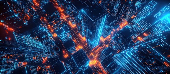 Aufkleber - Futuristic urban landscape featuring advanced technology and digital connectivity illuminated at night with vibrant neon lights and sleek skyscrapers 3D rendered visualization