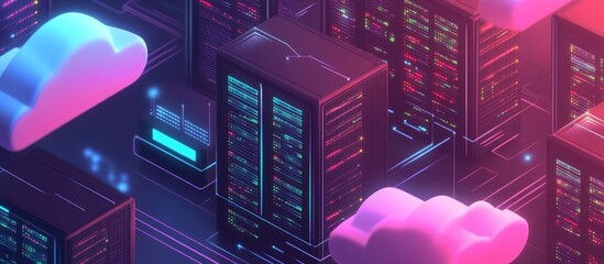 Poster - Isometric Data Center Illustration Featuring Servers and Cloud Computing for Big Data Analytics