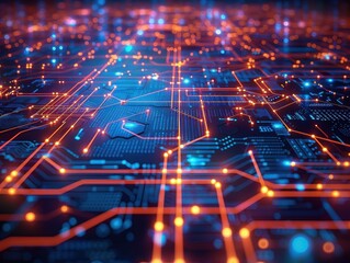 Poster - A vibrant digital circuit board with glowing lines and nodes, representing advanced technology and electronic connections.