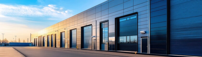 Exterior of a modern warehouse with a small office unit