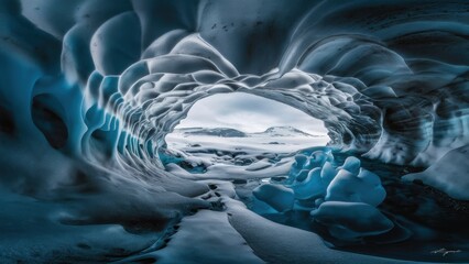 Wall Mural - A large cave with a lot of ice and water in it, AI