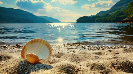 Wall Mural - A sparkling seashell on a serene beach with mountains in the background.