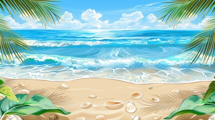 Wall Mural - Beach view framed by palm branches, ocean waves under a warm sun with clear skies. Add seashells to the sand.