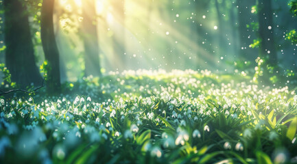 Wall Mural - Beautiful spring forest landscape with snowdrops, green grass and sunlight. Beautiful nature background with blooming flowers in the morning sun light.