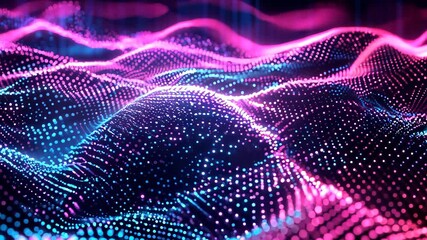 Poster - Abstract digital particle waves background. Future and futuristic technology. Neon waveform 3D animation. AI and Data Science Visualization