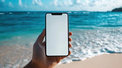 Poster - Person holding a smartphone with a white screen at the beach, capturing a perfect moment for displaying mobile apps or services.