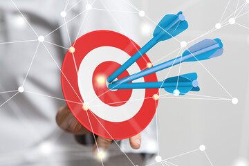Poster -  makes a dart throw on the target. The concept of persistence in business..