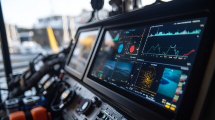 Aufkleber - The control station features multiple monitors showing navigation information, sonar data, and real-time analytics for maritime operations.