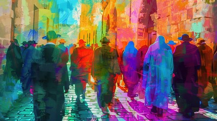 Poster - A Colorful Crowd Walking Through a Vibrant City