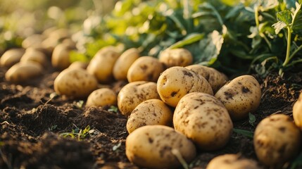 Freshly harvested potatoes in a close-up shot, emphasizing their natural state and farm-fresh quality.