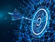 © ai tekno koncept - blue  Digital arrow hitting target , archery bullseye on blue background, concept of precision and accuracy in modern technology, business idea goal or vision success and financial goals.