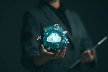 Poster - Hand holding virtual Global Internet connection metaverse. Business global internet connection application technology and digital marketing, Financial and banking, Digital link tech, big data.