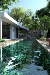 Wall Mural - Modern house with a swimming pool in the garden