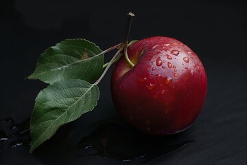Poster - fresh red apple with dew drops surrounded by green leaves on dark background