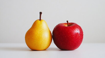 Genetically modified food is represented by a weird fruit made of an apple and a pear joined together.