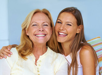 Poster - Portrait, happy and grandma or family in home for relax, love and trust or hug in living room. Senior woman,smile or person and together in lounge or morning for weekend, bonding and relationship