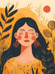 Wall Mural - Woman with Closed Eyes in a Garden Illustration