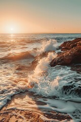 Poster - Sunset Over the Ocean with Waves Crashing on Rocks