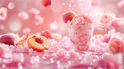 Wall Mural -   A detailed photo of a scoop of vanilla ice cream with juicy peach slices resting beside it and an array of delicate pink blossoms adorning the backdrop