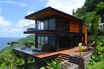 Wall Mural - Modern House with Ocean View in Tropical Setting