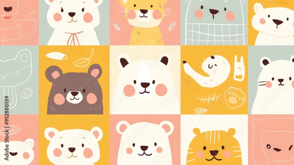 Cute animal face patterns with pastel color palette, simple shapes and ...
