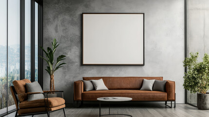 Wall Mural - A living room with a brown couch and a white framed picture on the wall