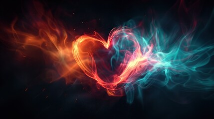 Poster -   A red and blue heart resides at the center of a black background, framed by two more hearts of the same colors