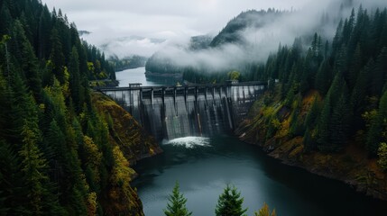 Poster - Aerial View of a Majestic Dam Surrounded by Lush Forest and Misty Mountains in a Serene Landscape