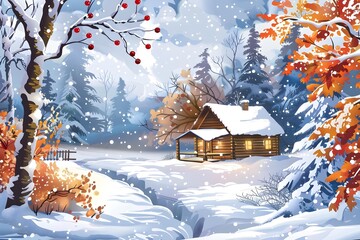 Canvas Print - Winter Wonderland Cabin Illustration